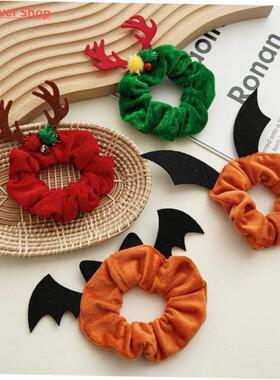 Halloween Christmas Flannel Scrunchie Velvet Women Elastic H