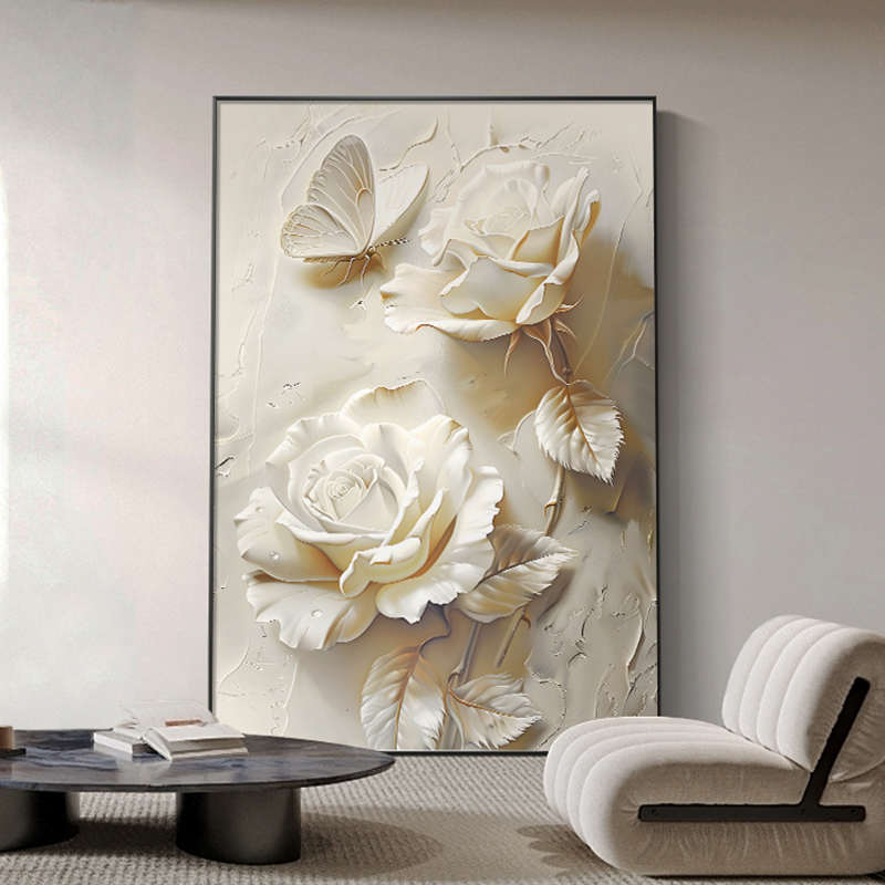 奶油风浮雕立体感玄关装饰画抽象蝴蝶入户正对门壁画花卉客厅挂画图片