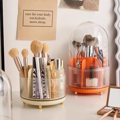 Rotating Makeup Brush Storage Organizer with Compartments, D