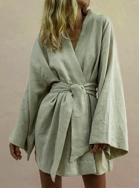 Long Sleeve Sashes Lace Up Dresses Women 2022 Spring Loose