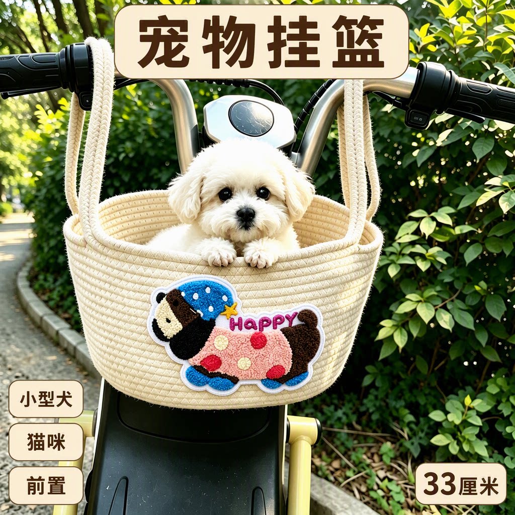 宠物电动车带狗狗外出狗窝编织刺绣挂篮车筐小型犬猫咪前置便携