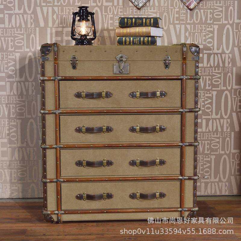 复古美式乡村LOFT工业风四抽柜子做旧帆布藤条设计师创意斗柜边几