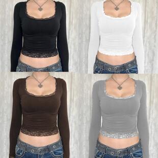 sleeved stitching and lace long with Women shirt