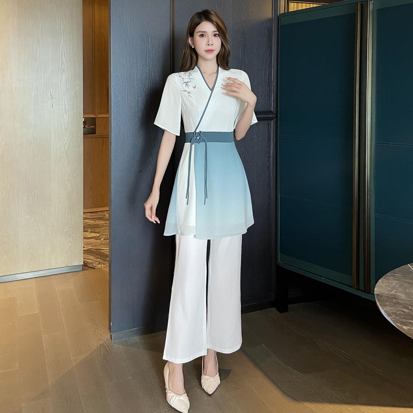 足疗女技师衣服养生馆采耳师服装新中式国风高端足浴店工作服
