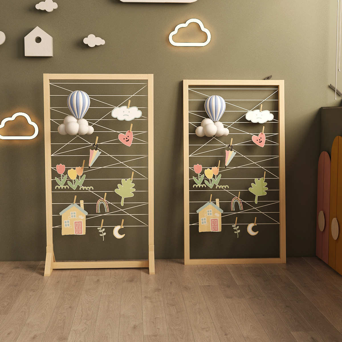 实木落地式棉线展示架幼儿园室内手工美术作品置物架网格环创装饰