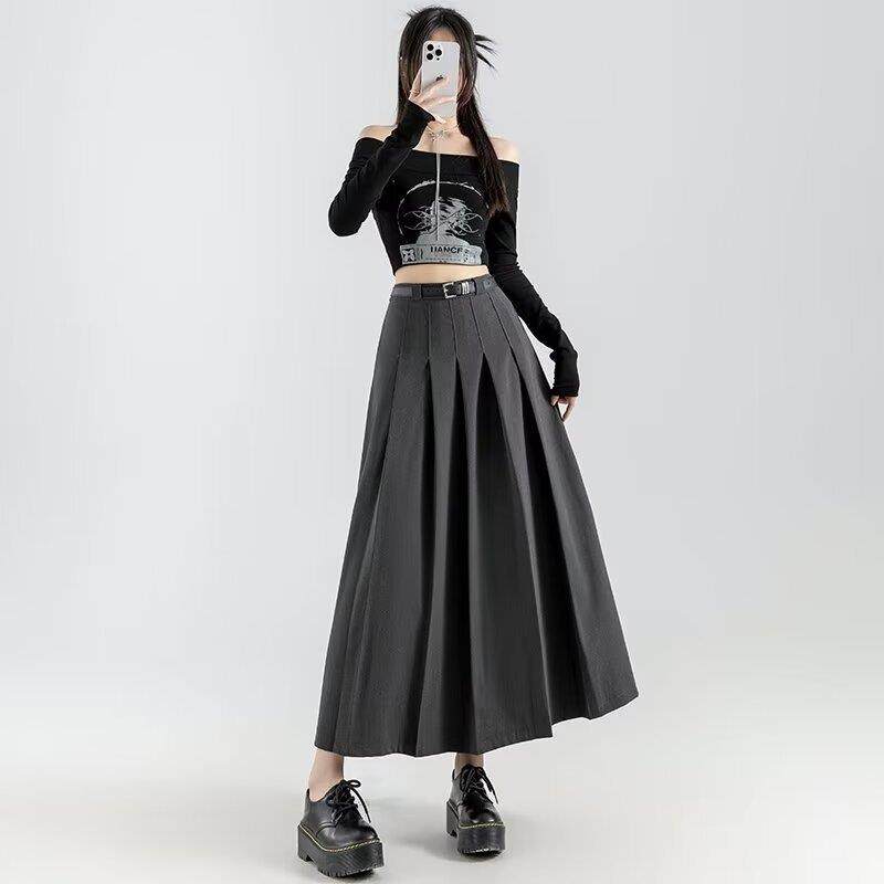 灰色西装半身裙女2025春季新款中长款百褶高腰显瘦垂坠感a字长裙