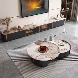 轻奢岩板现圆NFX茶几组约茶合代客厅简小户型新款 网红伸缩大小圆