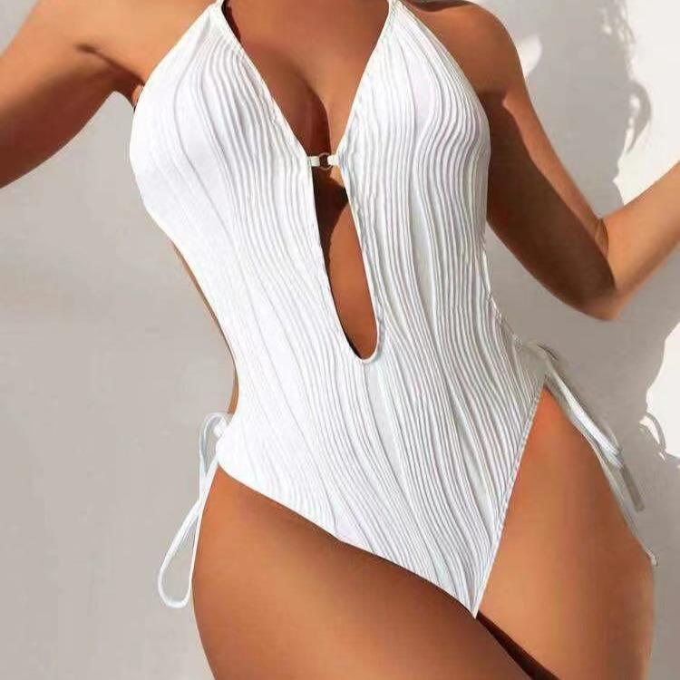 bikini slim neck color swimsuit backless halter lace-up