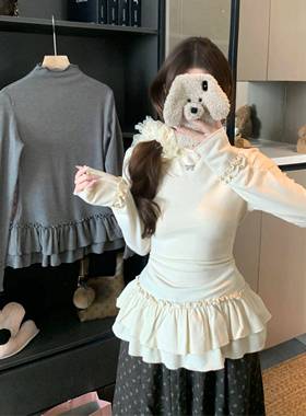 大码胖mm2026新款花边半高领打底T恤女春秋修身显瘦长袖上衣0110w