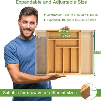 Bamboo Expandable Drawer Organizer Utensils Holder Dividers