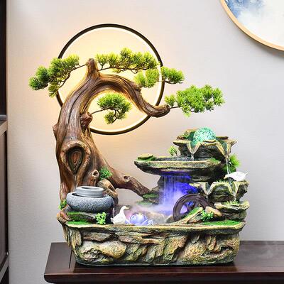 高山流水喷泉摆件假山循环水景观桌面生财客厅鱼缸迎客松开 业礼