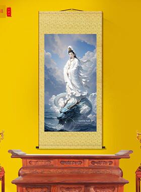 成龙观音菩萨肖像客厅佛卷挂画新中国风格装饰画绢画中国画挂画