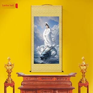 成龙观音菩萨肖像客厅佛卷挂画新中国风格装饰画绢画中国画挂画