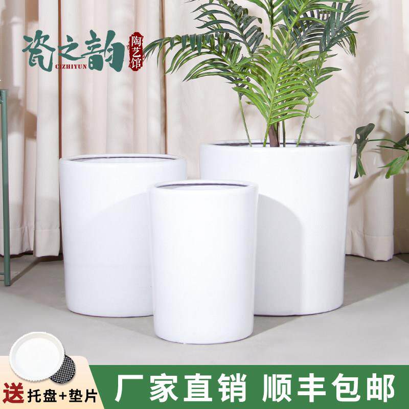 大口径花盆家用陶瓷新款加厚透气圆柱形客厅落地大绿植种树花卉盆
