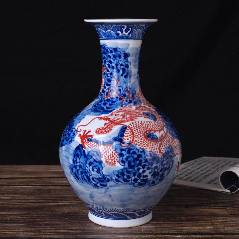 景德镇陶瓷仿古青花釉里红花瓶 中式瓷器家居玄关装饰摆件工艺品