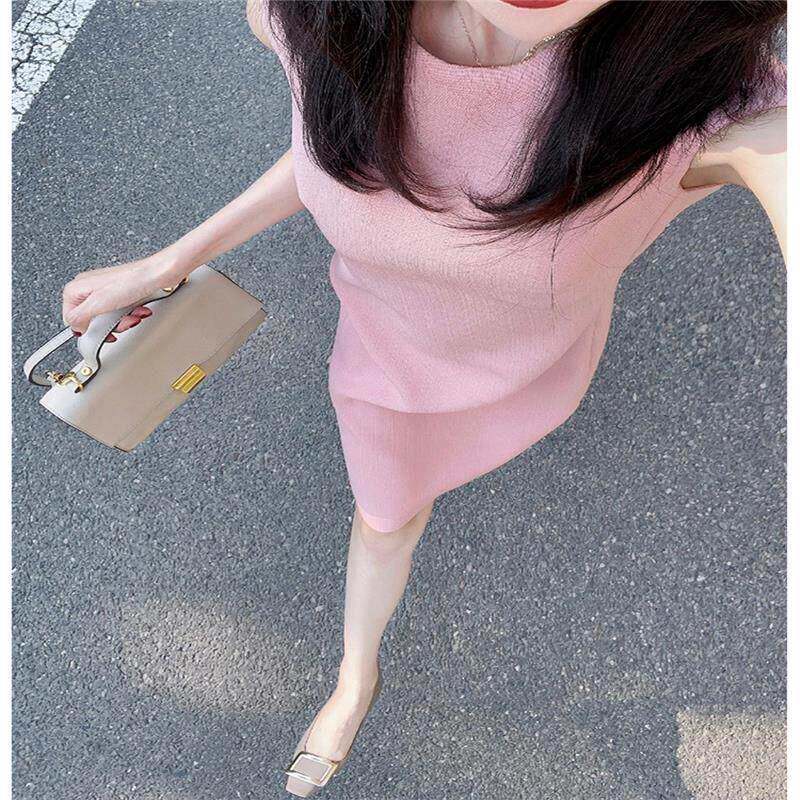 欧洲站法式高级感粉色无袖洋装女夏气质名媛女神范修身显瘦裙子