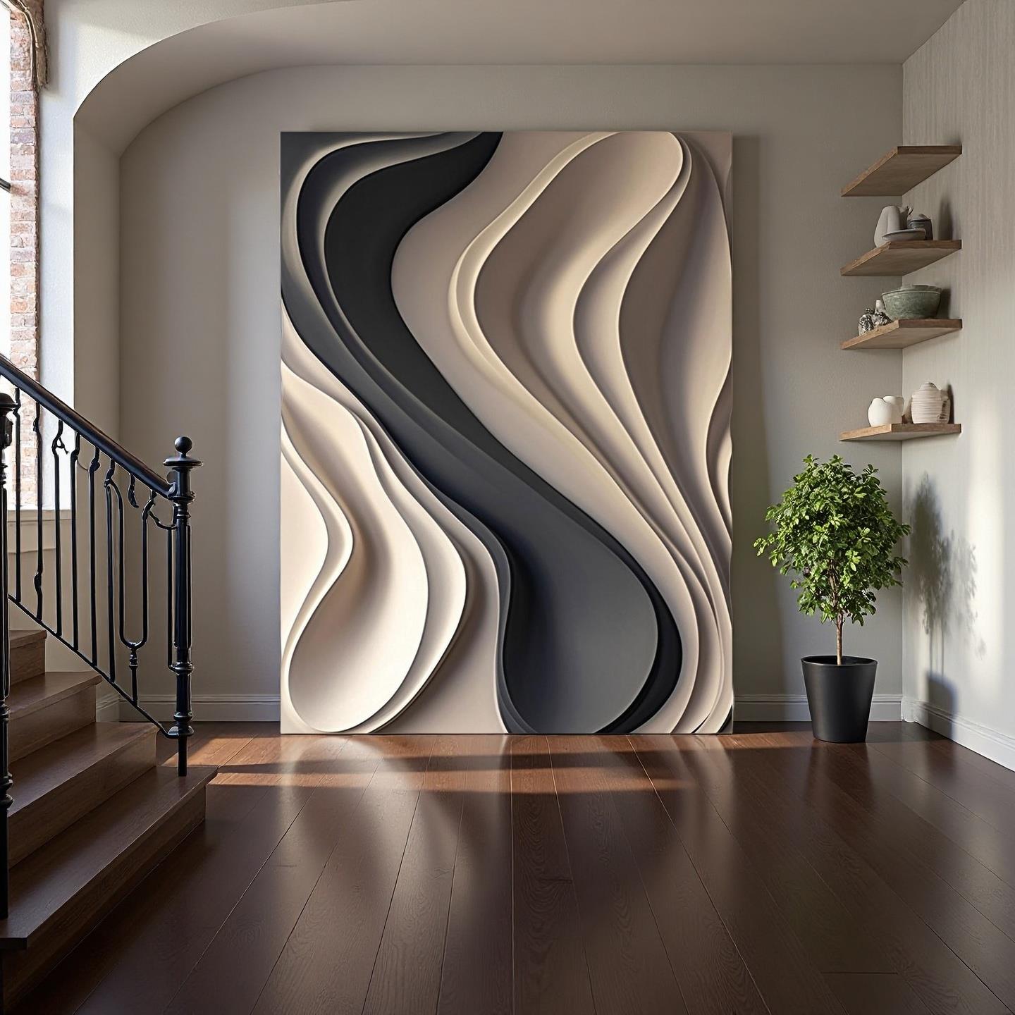 现代客厅简约浮雕装饰画意式入户玄关3D立体抽象挂画竖款落地壁画