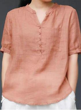 Cotton and linen shirt, women's slim fit, plus size, short