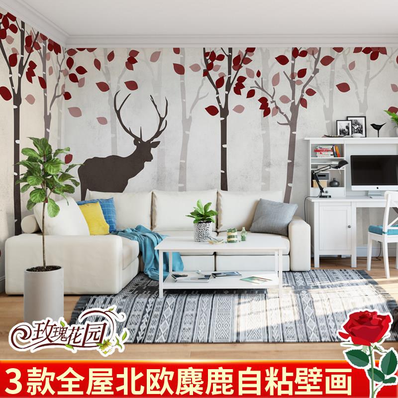 墙纸贴自粘北欧客厅卧室沙发背景墙餐厅麋鹿发财树满全屋防水墙贴