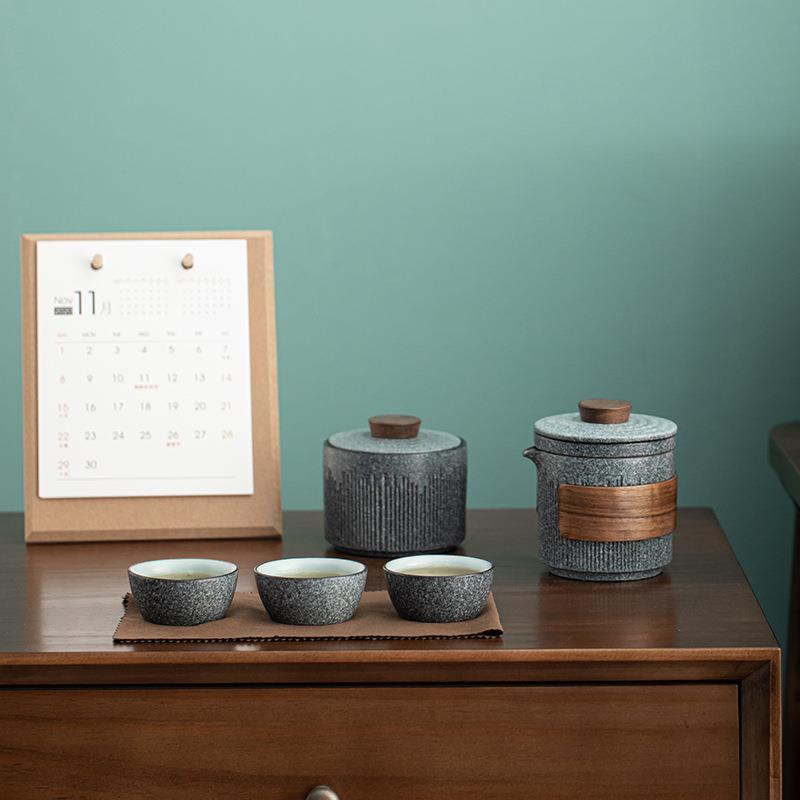 青石釉竖条纹快客杯一壶二杯四杯陶瓷旅行便携式茶具套装户外