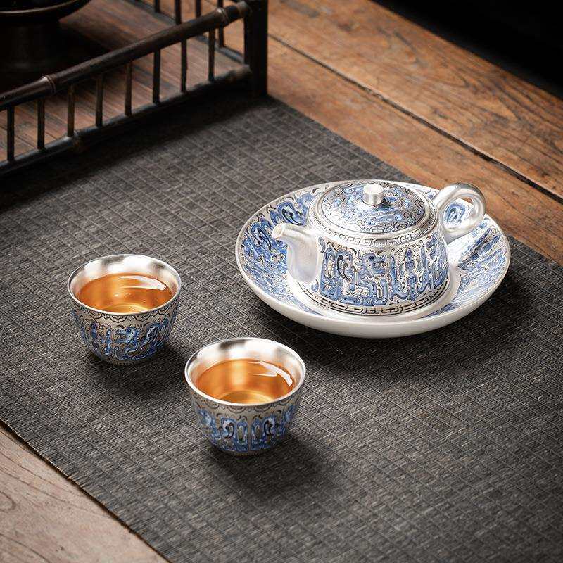 纯手工鎏银茶具套装青花龙纹敦煌一壶二杯高档茶杯家用陶瓷泡茶壶