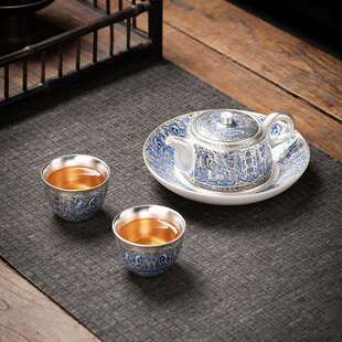 纯手工鎏银茶具套装青花龙纹敦煌一壶二杯高档茶杯家用陶瓷泡茶壶