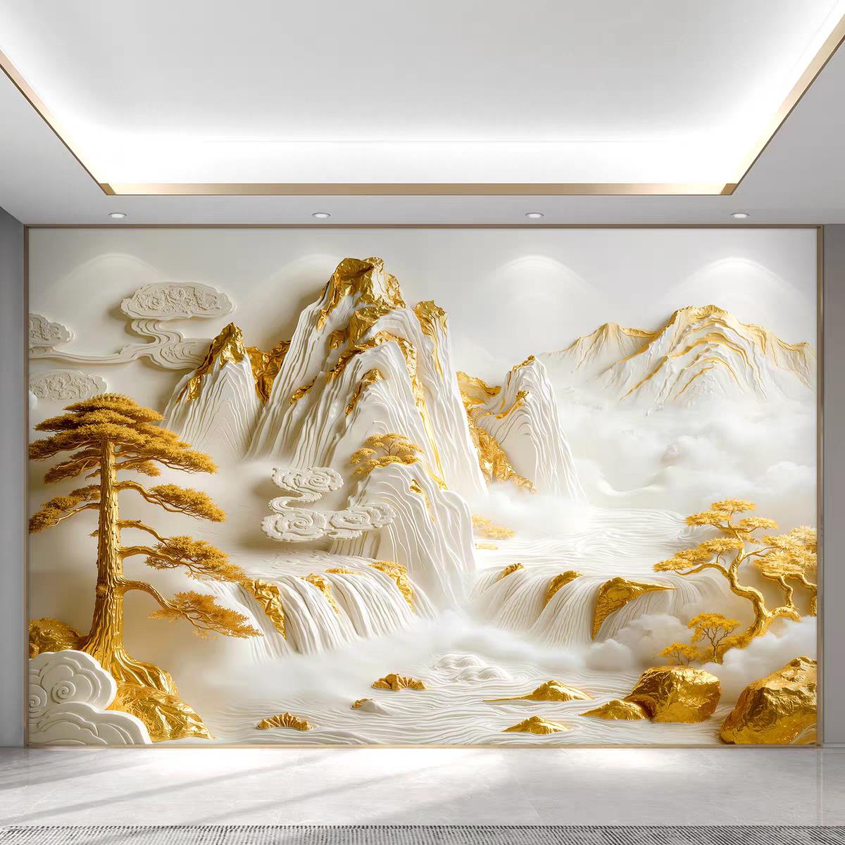 高端立体电视背景墙中式山水碳晶板3d客厅集成墙板沙发防撞金刚板