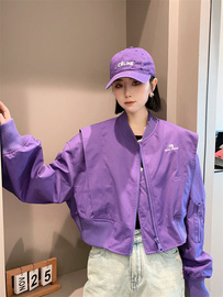 欧货外套2023春短款棒球服女针织拼接夹克，紫色女装上衣女