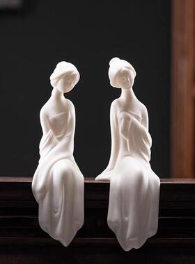 创意陶瓷仕女白瓷中式摆件茶桌茶台禅意线 线香插炉客厅茶室人物