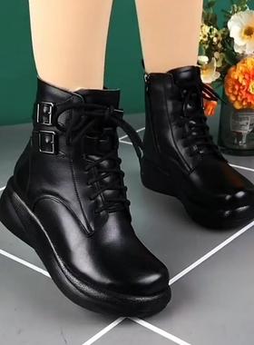 新款厚底短女真皮2024年冬季新休靴闲马丁羊毛款女靴圆头靴软底妈