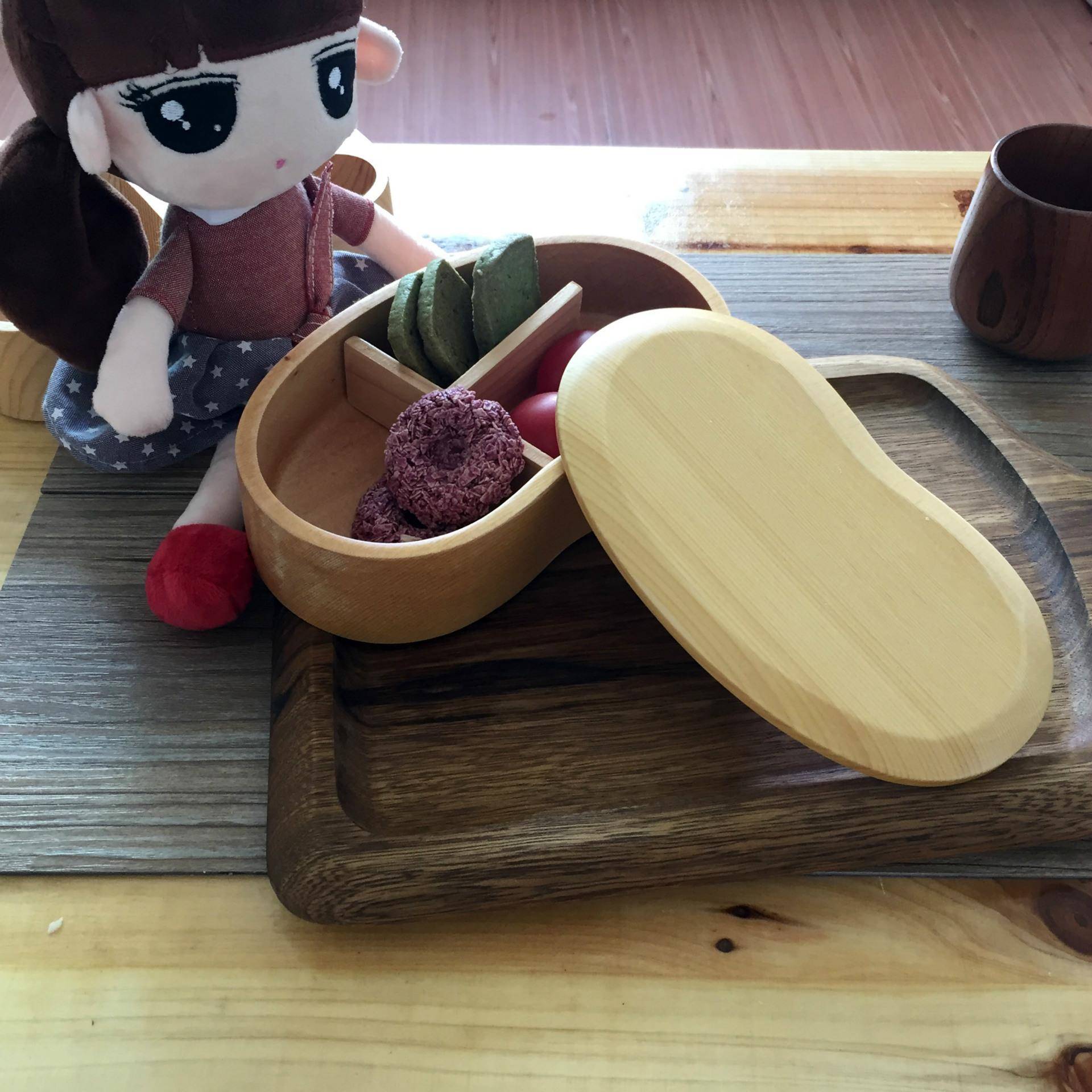 腰形日式单层便当盒 木质饭盒学生餐盒便携快餐盒