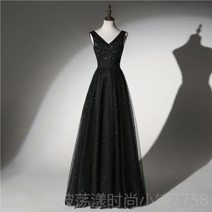 高档黑色晚礼新服2024款显大码年会演出宴会主持名媛瘦长款连衣裙