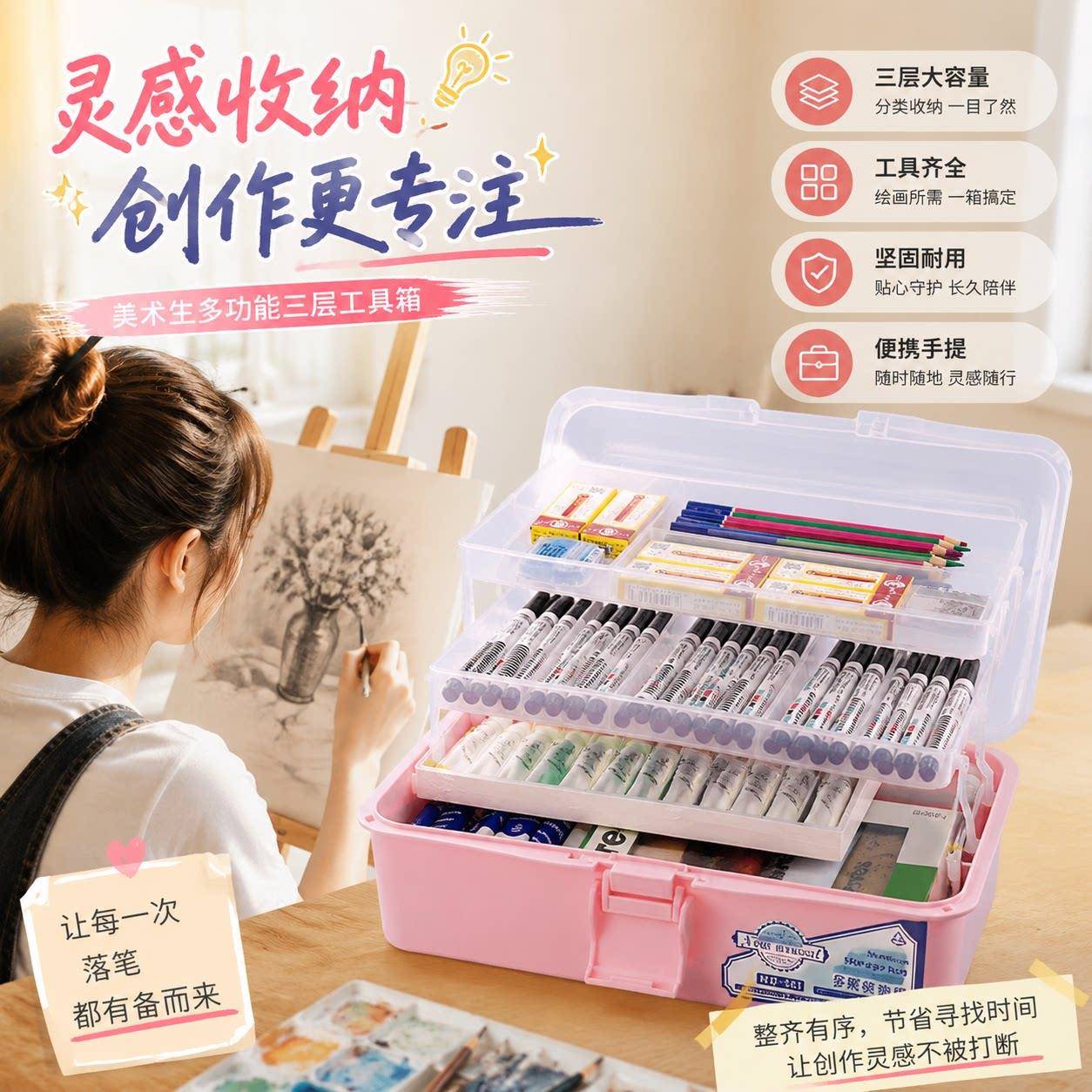 美术生工具箱大号塑料箱加厚耐用分层收纳盒绘画颜料三层多功能大