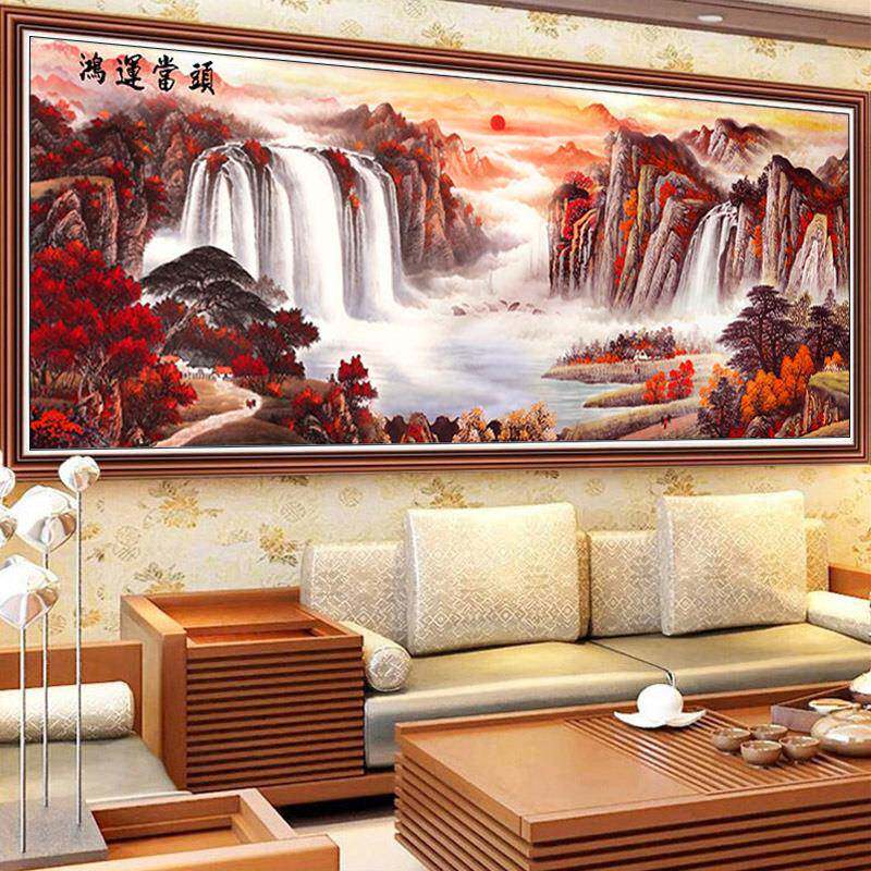 新款直销客厅画5d钻石画简约现代满钻鸿运当头十字绣山水手工钻石