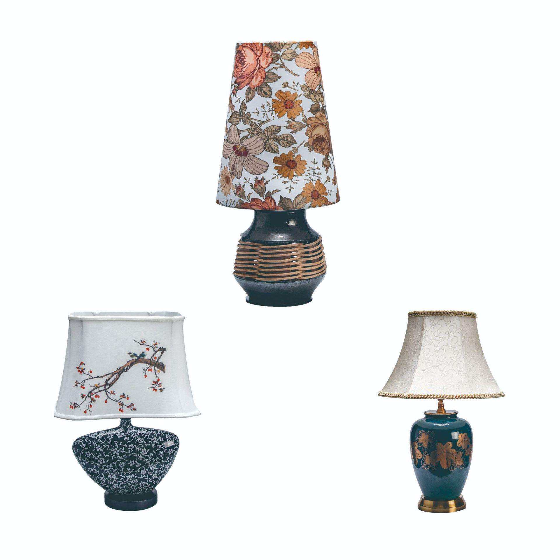 陶瓷竹木拼接工艺底座书房简约家居布艺灯罩装饰台灯碎花印花复古