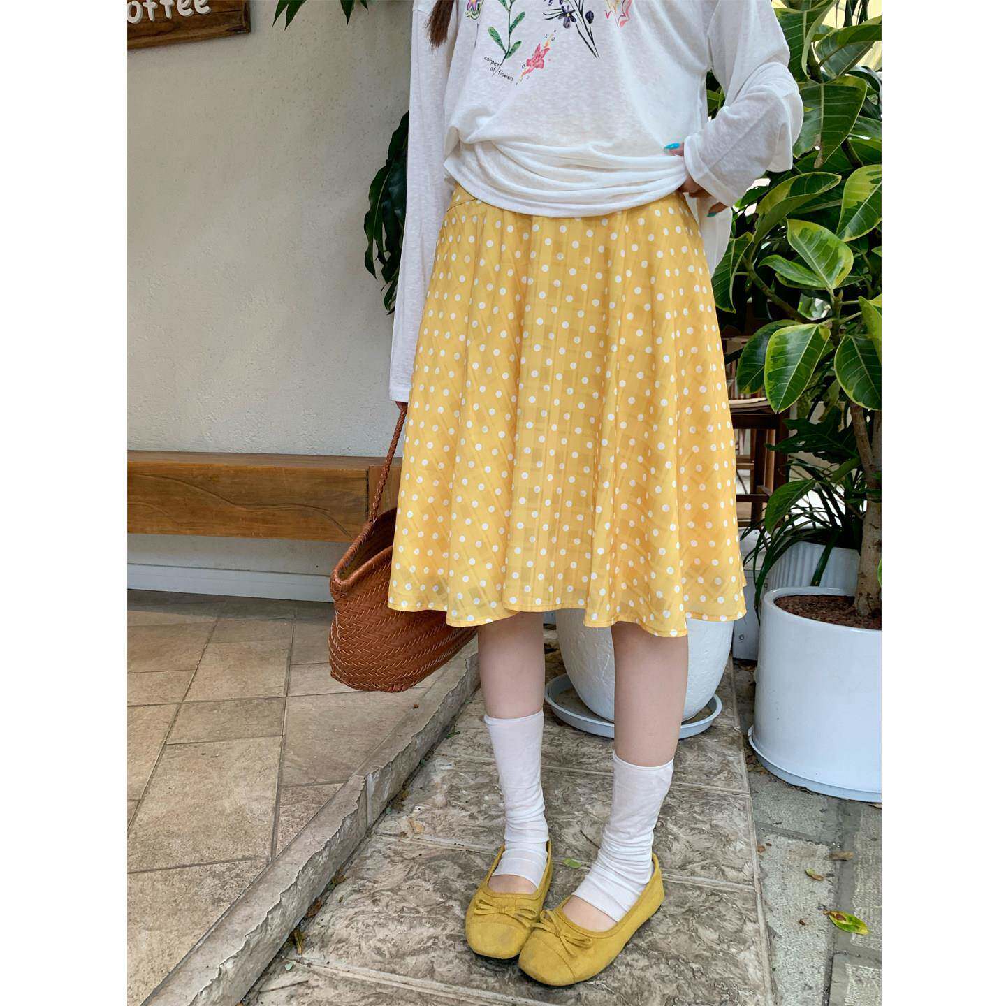 芝士兔 高腰半身裙女夏日多巴胺宽松姜黄A字裙显瘦韩系波点短裙子