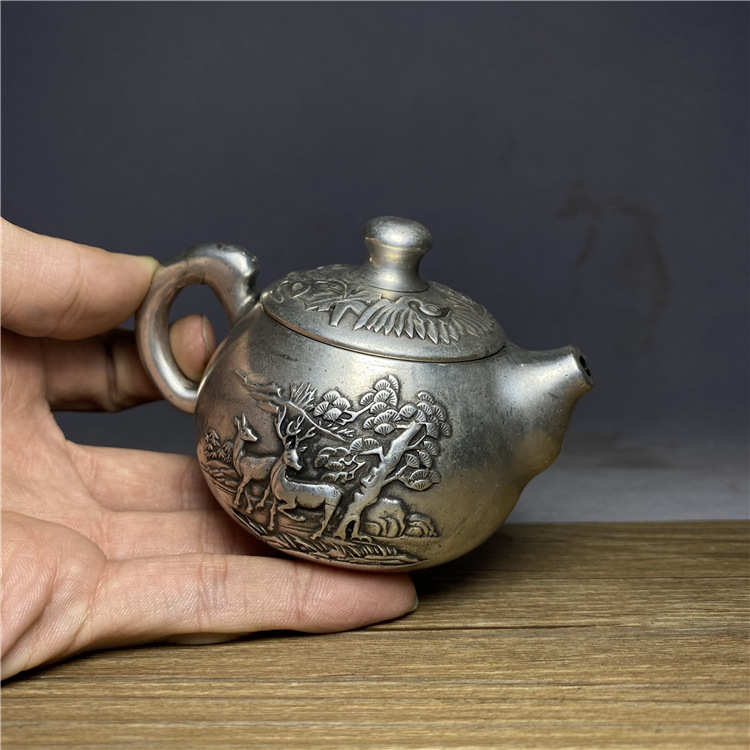 古玩老物件老银小鹿高提梁银茶壶精工打造银壶足银壶古董收藏摆件