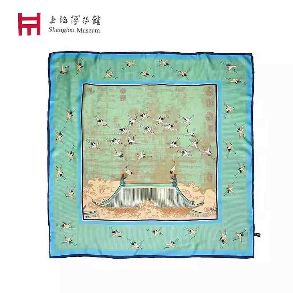 新款上海博物围馆瑞图文创真丝巾鹤丝巾方巾女中国风生送日礼物长