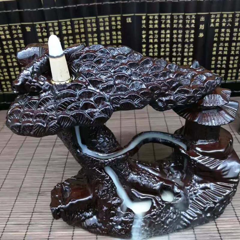厂家直销原木黑檀皮黑倒流香香炉迎客松木质工艺品摆件送礼佳品