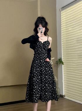 2025款高级感法式雪纺小个子长裙黑色碎花吊带两件式洋装装女夏