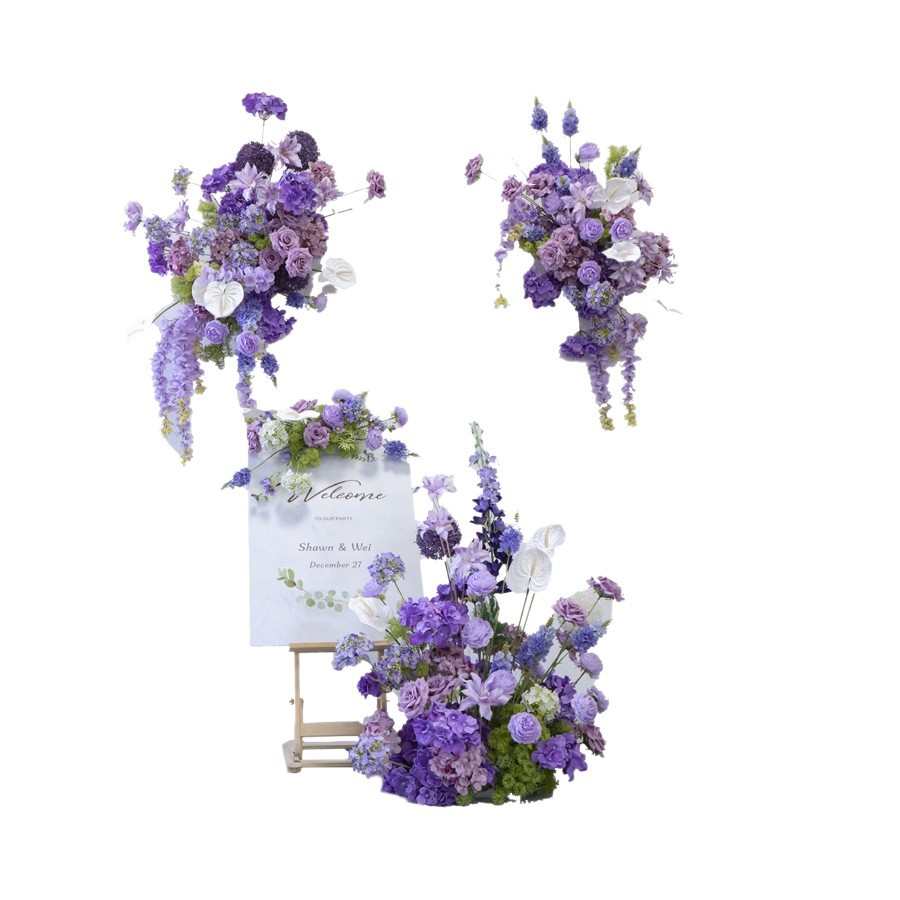 婚礼装饰紫色壁挂花艺 板墙面摄影背景布置绢花挂花地排花车尾花