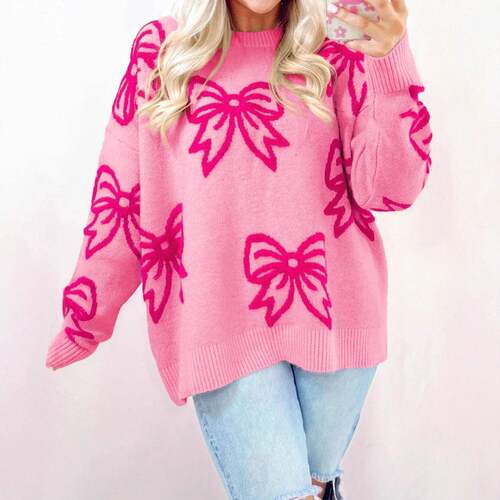 Women Bow Pattern Round Neck Sweater Sleeve Drop Shoulder