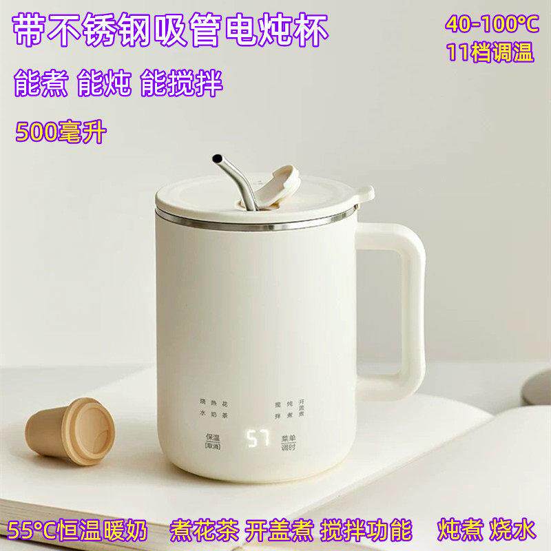 带吸管电炖杯暖奶杯烧水可携式电热水杯煮花茶搅拌杯多功能保温