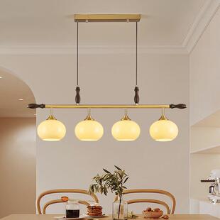 全铜中古风餐厅吊灯美式 复古实木一字型现代简约吧台长条魔豆灯具