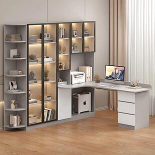 电脑桌实木转角书桌书架一体轻奢办公桌书柜组合卧室家用学习桌子