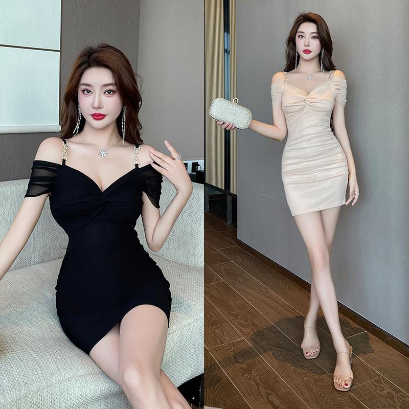 包臀裙紧身性感褶皱足浴技师工作服连衣裙黑色夜总会小妹上班衣服