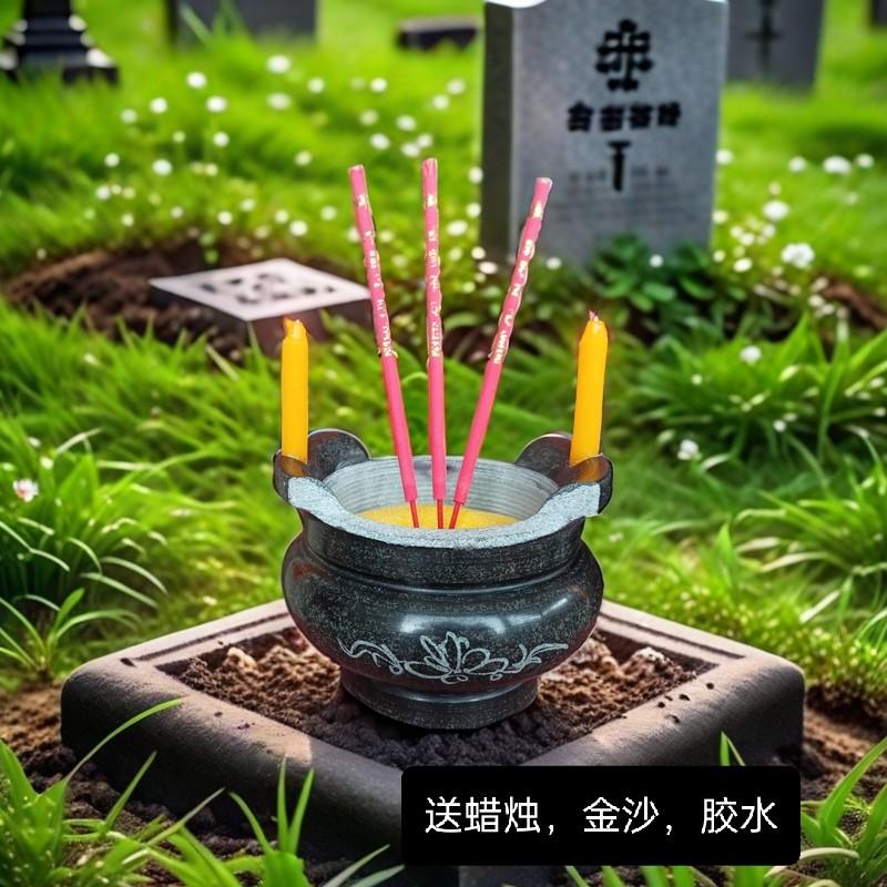 石雕香炉带插蜡烛口青石香炉圆形带耳香炉户外室内寺庙香炉