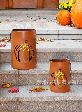 生锈南瓜主题金属铁艺南瓜桶，烛火盛放桶万圣节节日氛围装饰