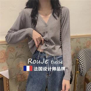 Rouje tusse韩版秋冬开衫v领羊毛针织衫宽松显瘦短款针织羊毛上衣