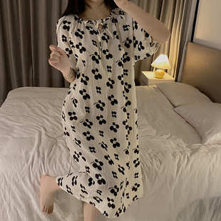 夏季 甜美家居服女 短袖 睡裙卡通简约睡衣宽松女士加肥中简约长款